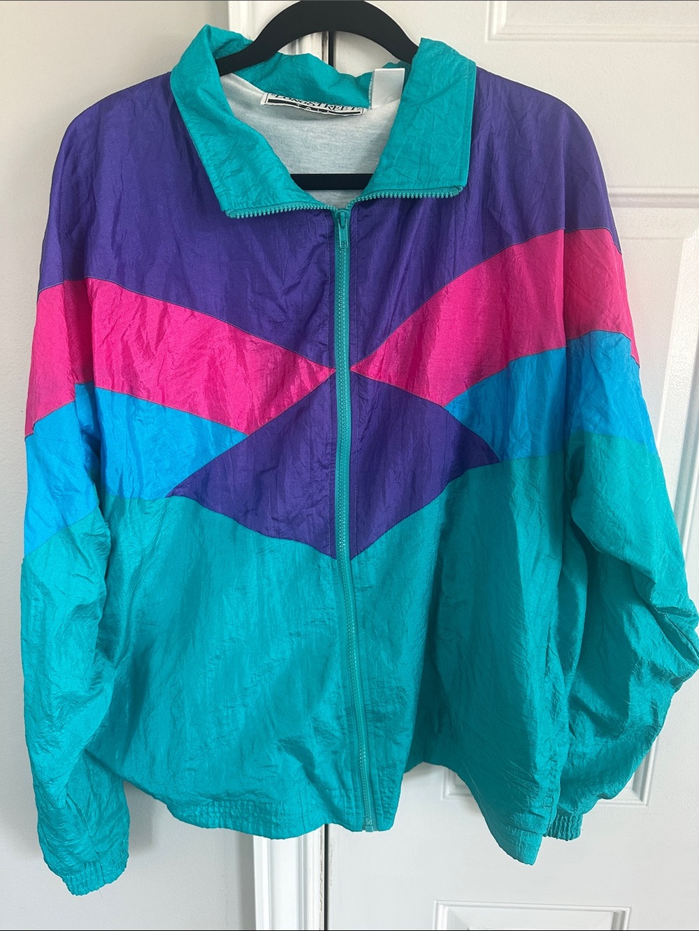 Vintage Teal Colorblock Windbreaker with Purple & Pink Accents